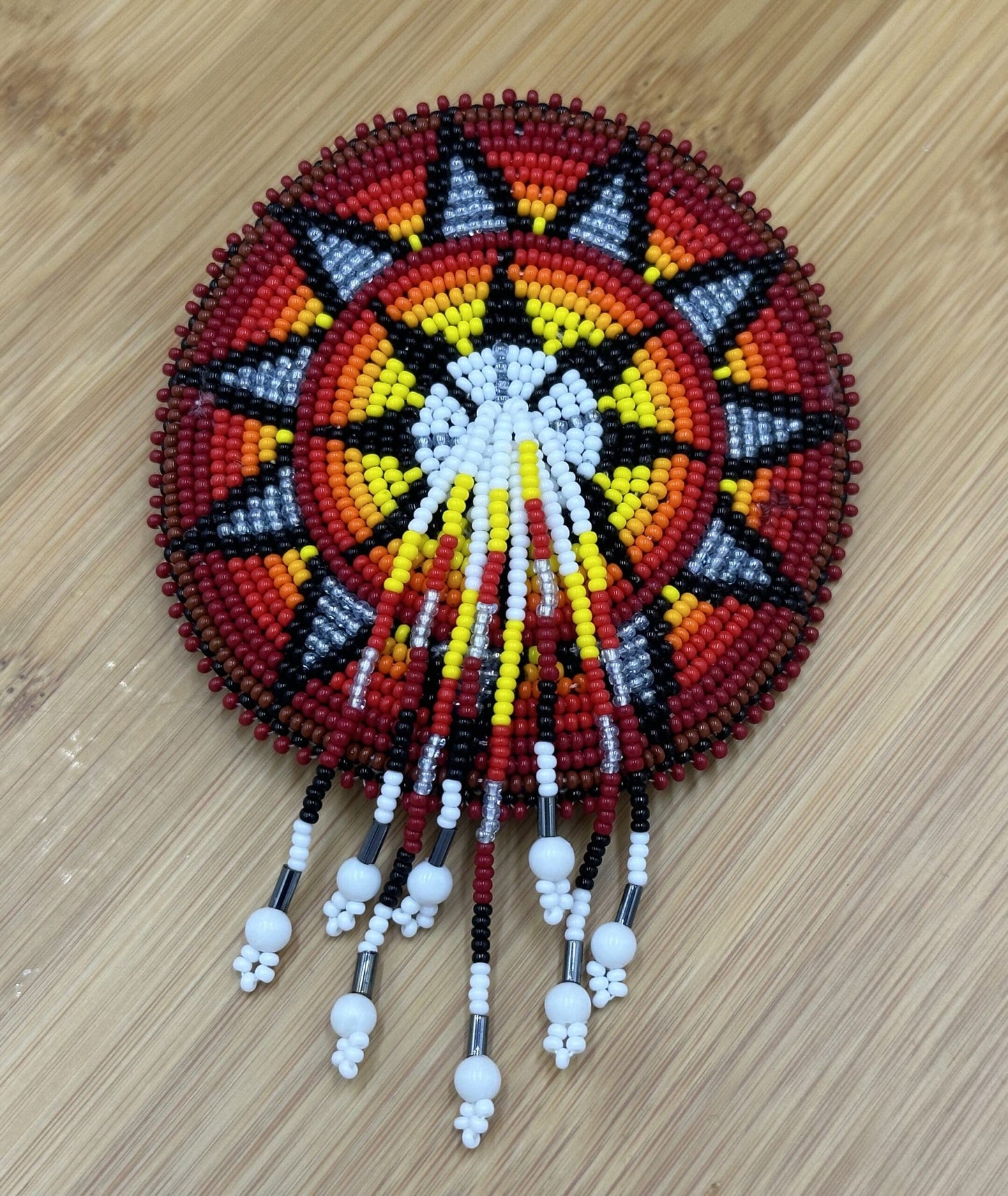 Handcrafted Flower Pattern Red Black French Barette with Czech Beads and Suede Leather, 4.5 inch Diameter