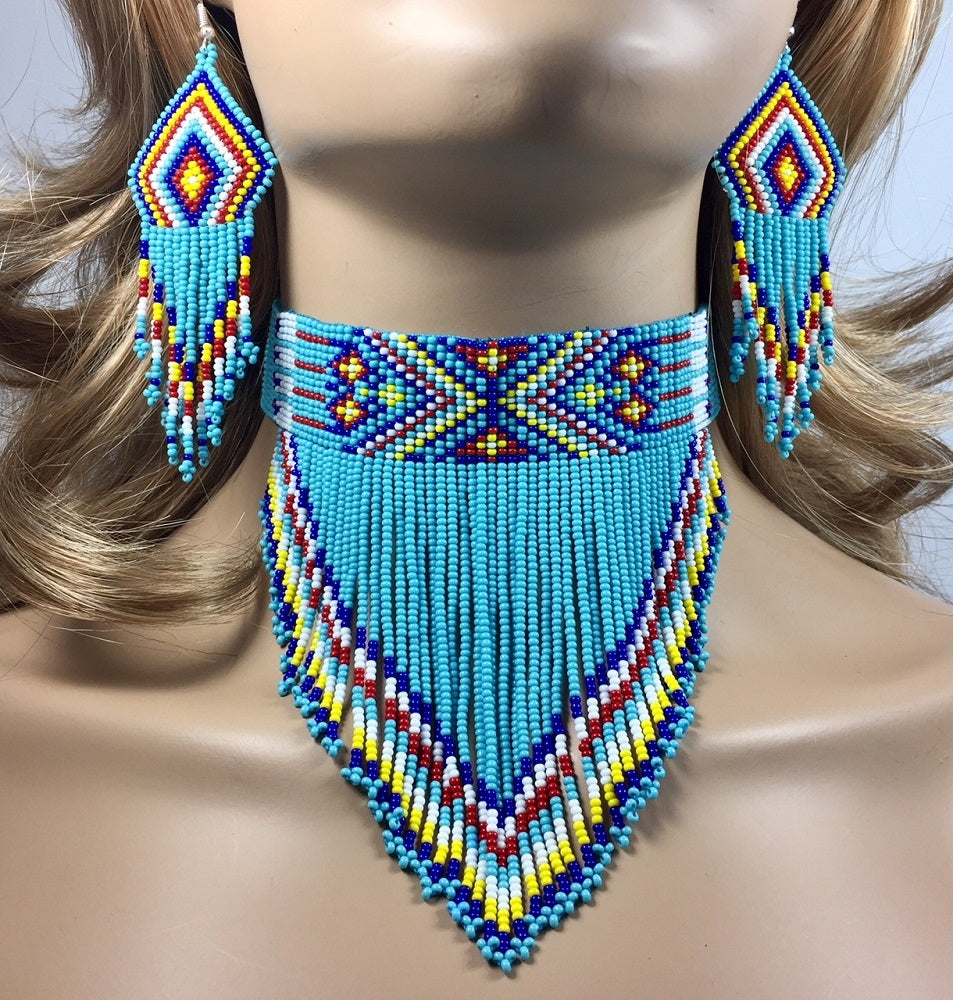 Turquoise Blue Beaded Choker Necklace Earrings Set
