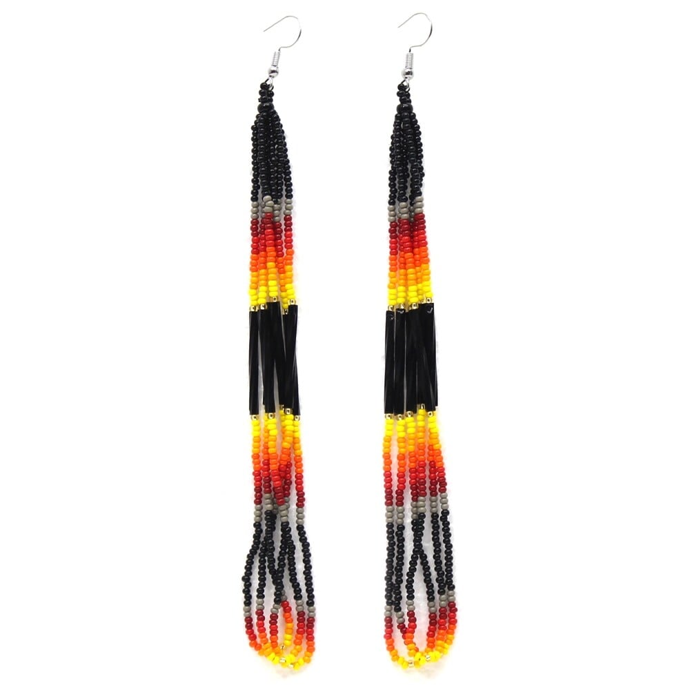 Handmade Beaded Black Fire Color Long Loop Hook Earrings