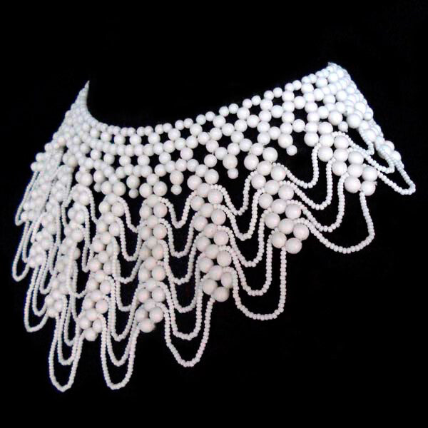 White Beaded Grand Victorian Bib Necklace Earrings Set