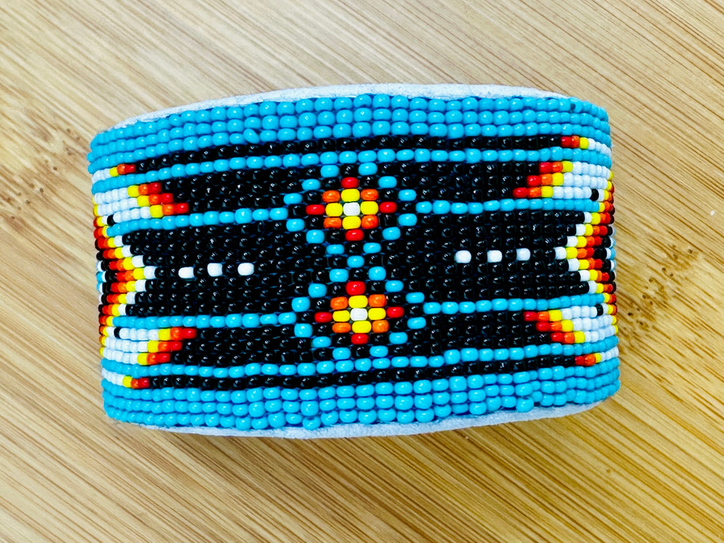 Handmade Beaded Cyan Blue Diamond Pattern Hard Cuff bracelet