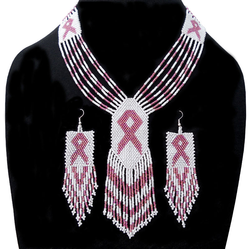 Handmade Pink Ribbon Breast Cancer Awareness Necklace Earrings Set