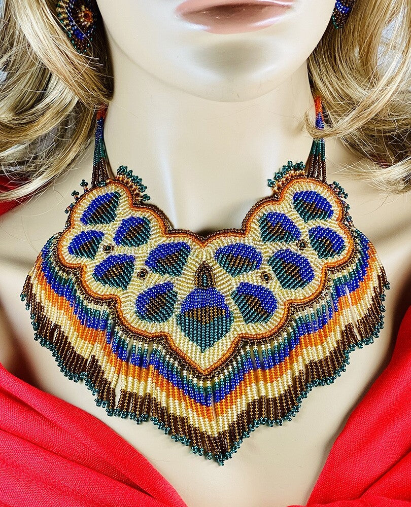 Handmade Peacock Feather Pattern Bib Necklace Earrings Set