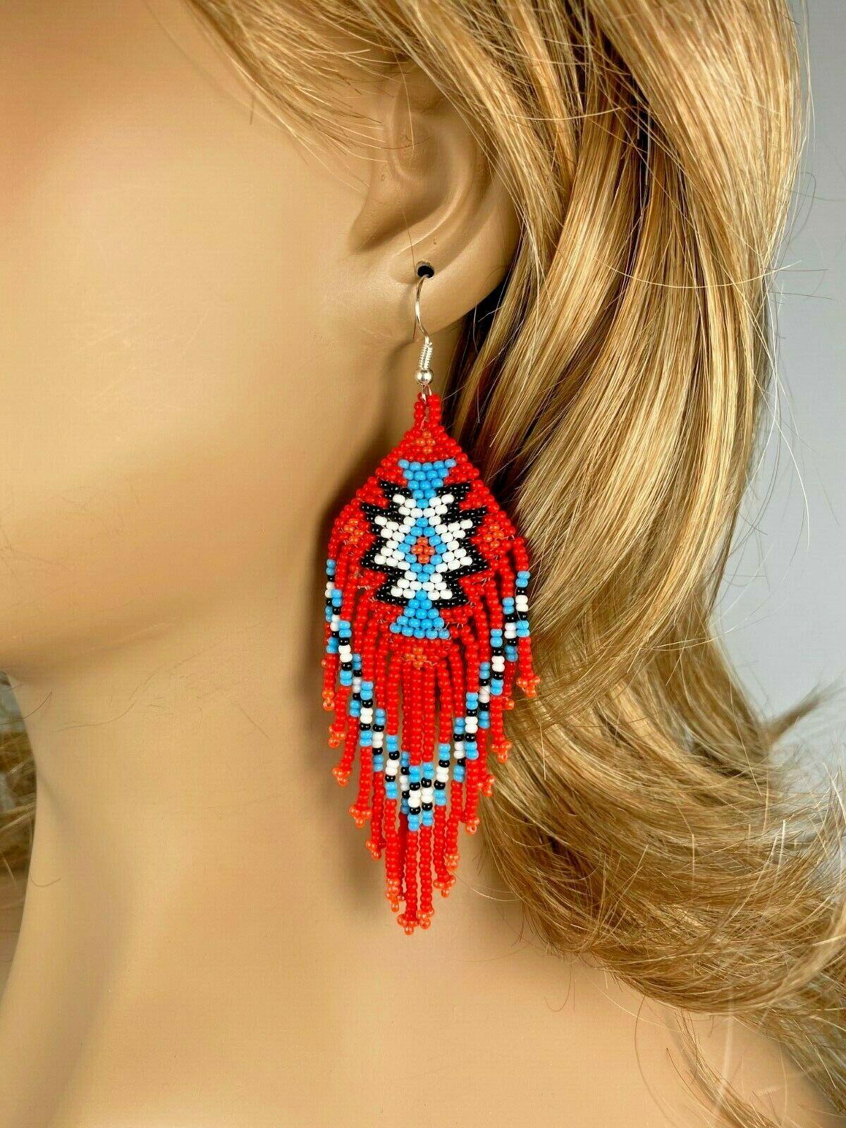 NATIVE STYLE ETHNIC RED WHITE BEADED HANDMADE CHANDELIER HOOK EARRINGS E61/14