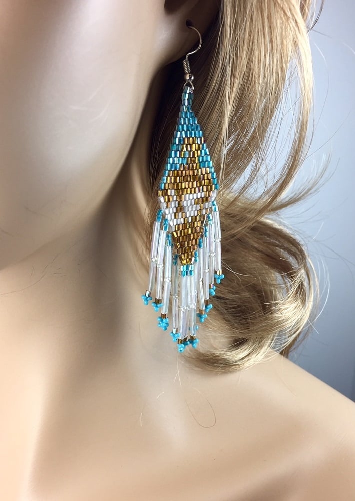 Handmade End Of Trail Brown White Delica Seed Bead Big Earrings