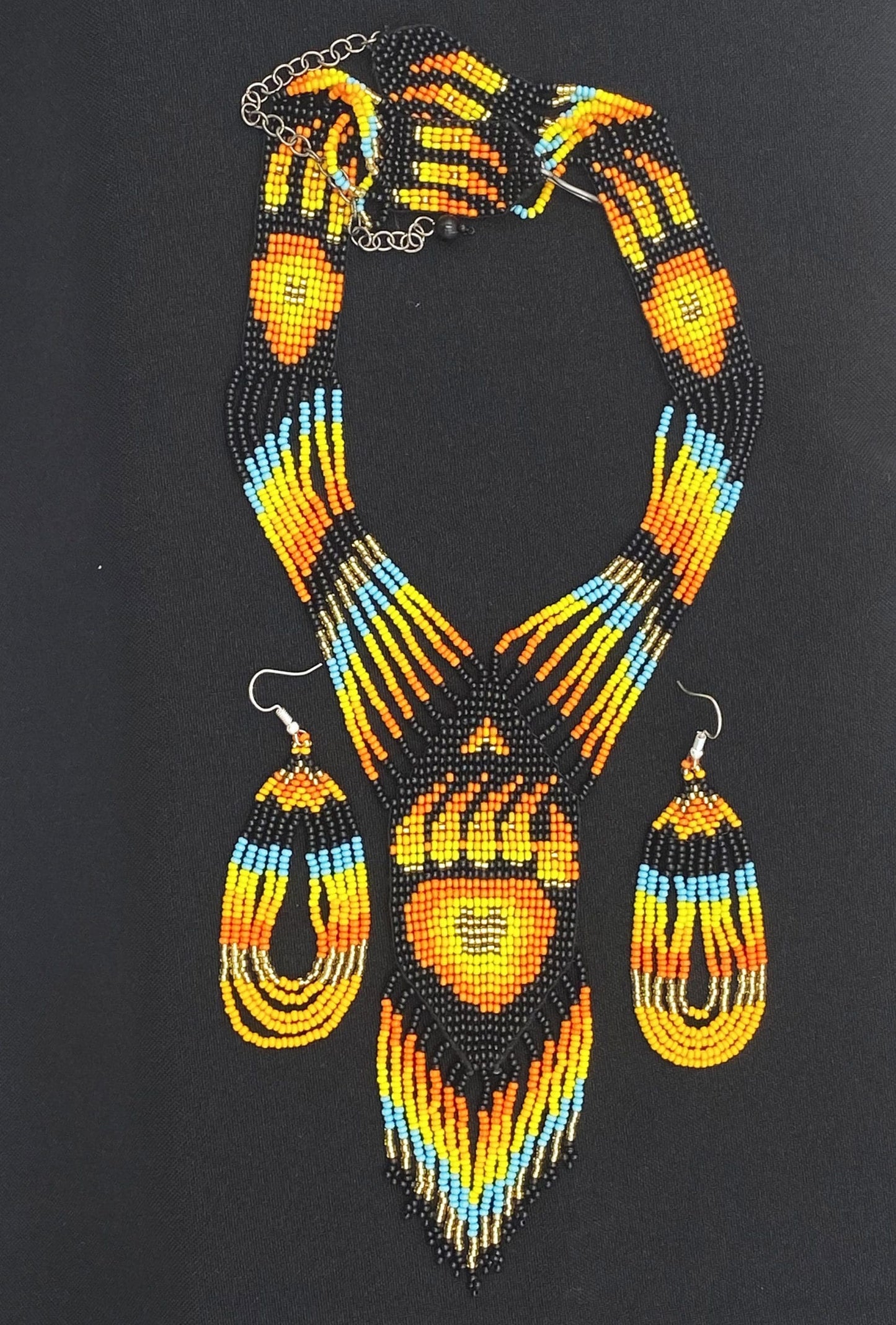 Fiery Orange Black Bear Paw Beaded Necklace and Earrings Set