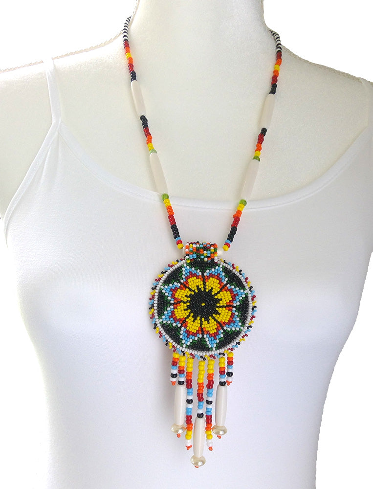 Black Yellow Seed Bead Long Star Medallion Handmade Necklace Earrings Set