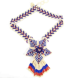 Handmade Beaded Cream Blue Seed Bead Statement Necklace Earrings Set