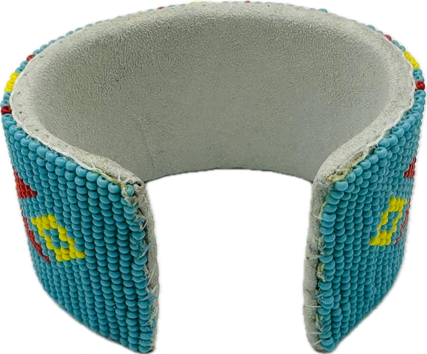 Handmade Beaded Cyan Blue Red Leather Hard Cuff Bracelet