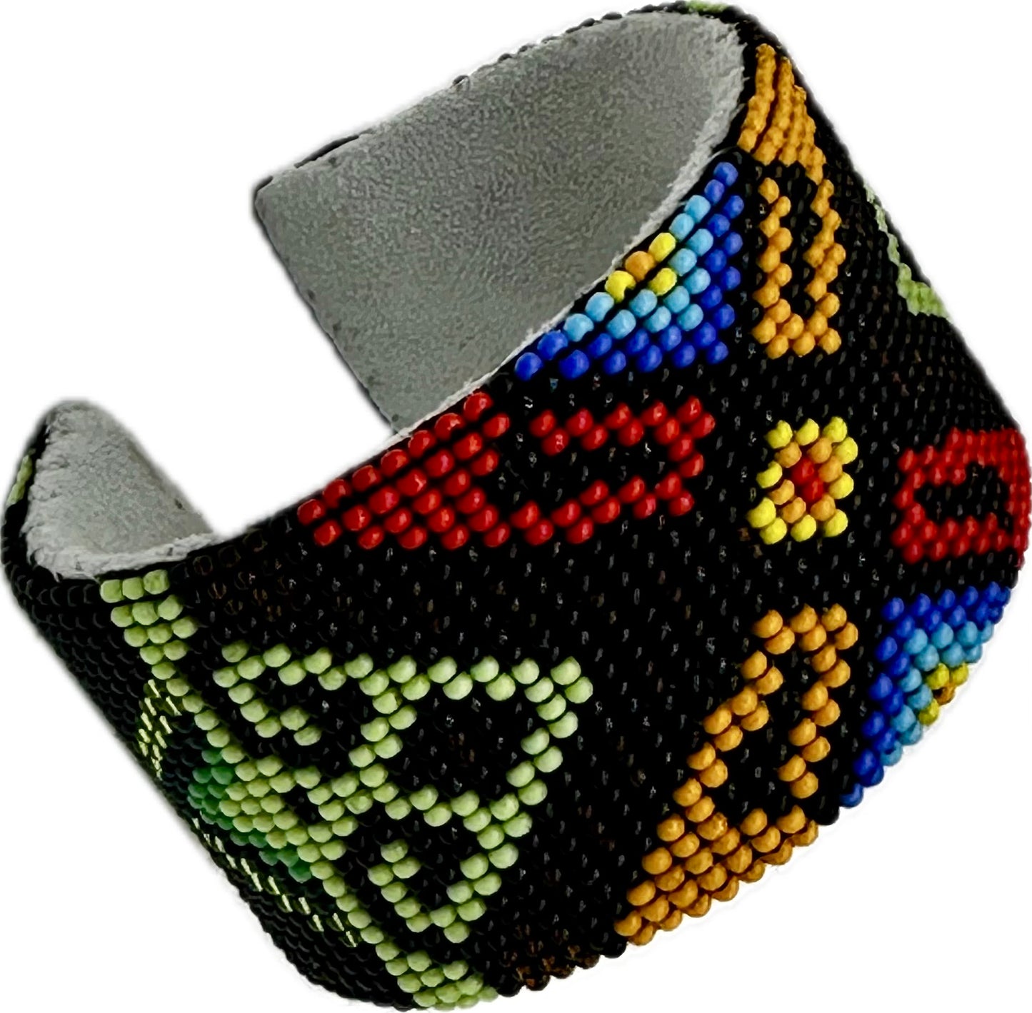 Handmade beaded Black Green Hard leather Cuff Bracelet