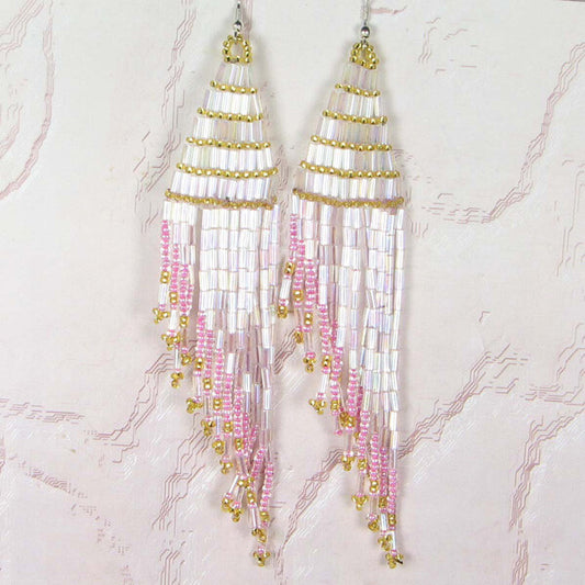 Handmade Beaded Iris Pink Seed Bead Long Chandelier Earrings