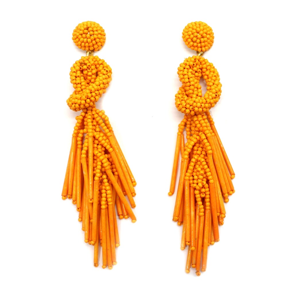 Handmade Beaded Solid Color Post Statement Earrings for Women Girl All Season - 4 inch Long Dangle with Celtic Knot Design - Czech Seed Beads - Orange