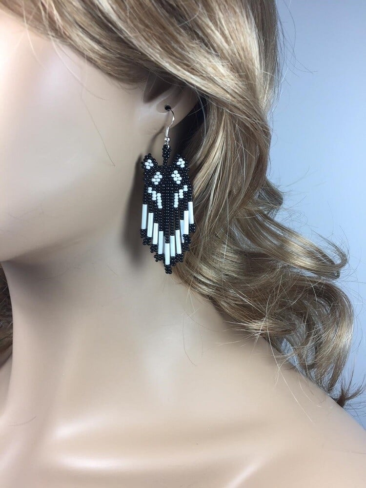 Handmade Beaded Black Seed Bead Wolf Big Earrings