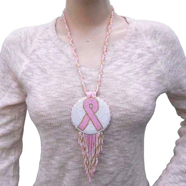 Pink Ribbon Handmade Breast Cancer Awareness Beaded Necklace Earrings Set