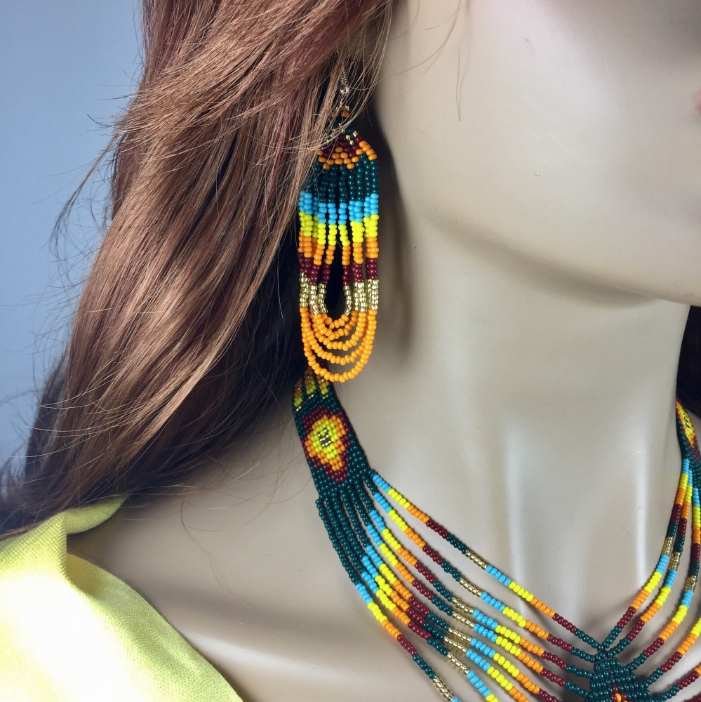Ethnic Handmade Bear Paw Pattern Green Necklace Earrings Set | Glass Czech Beads | 16-20 inch Length