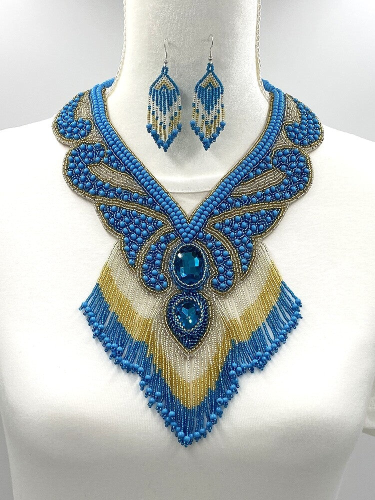Handmade Beaded Turquoise Blue Gold Native Style Bib Necklace Earring Set