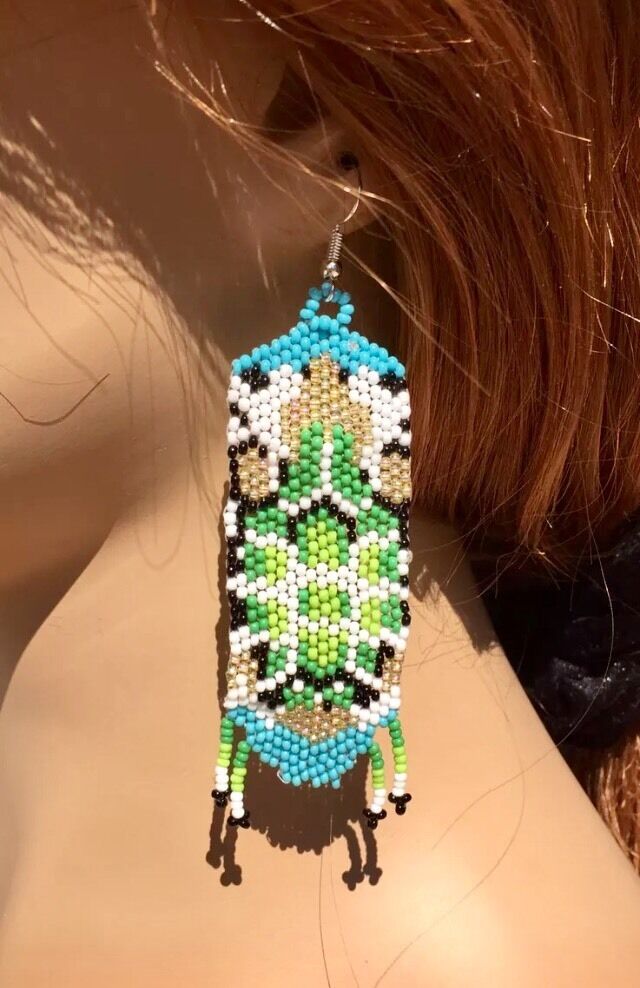 Green Golden White Seed Beaded Turtle Beadwork Necklace Earrings Set