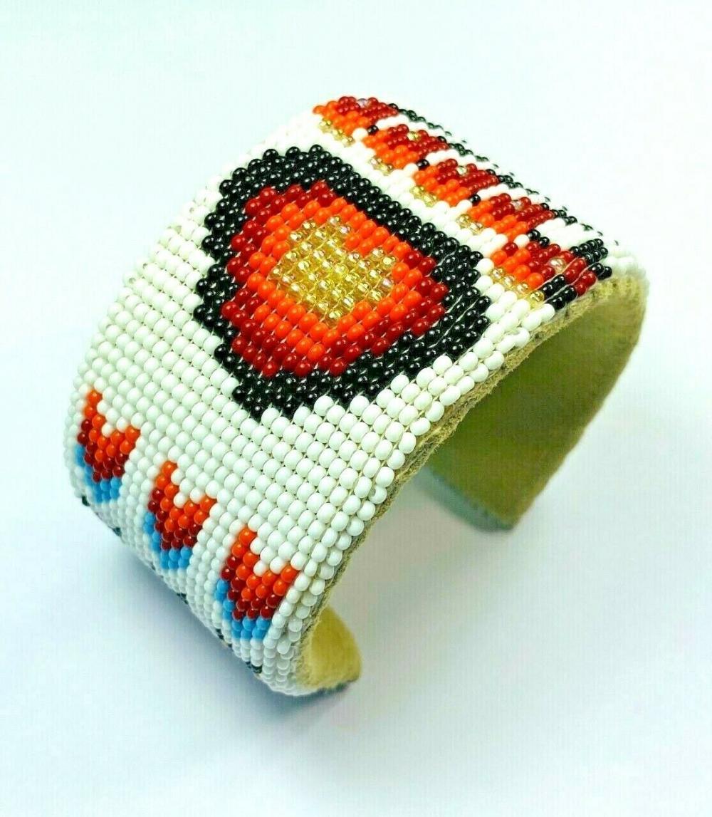 Handmade Beaded White Red Bear Paw Leather Cuff Bracelet - Adjustable Bracelet