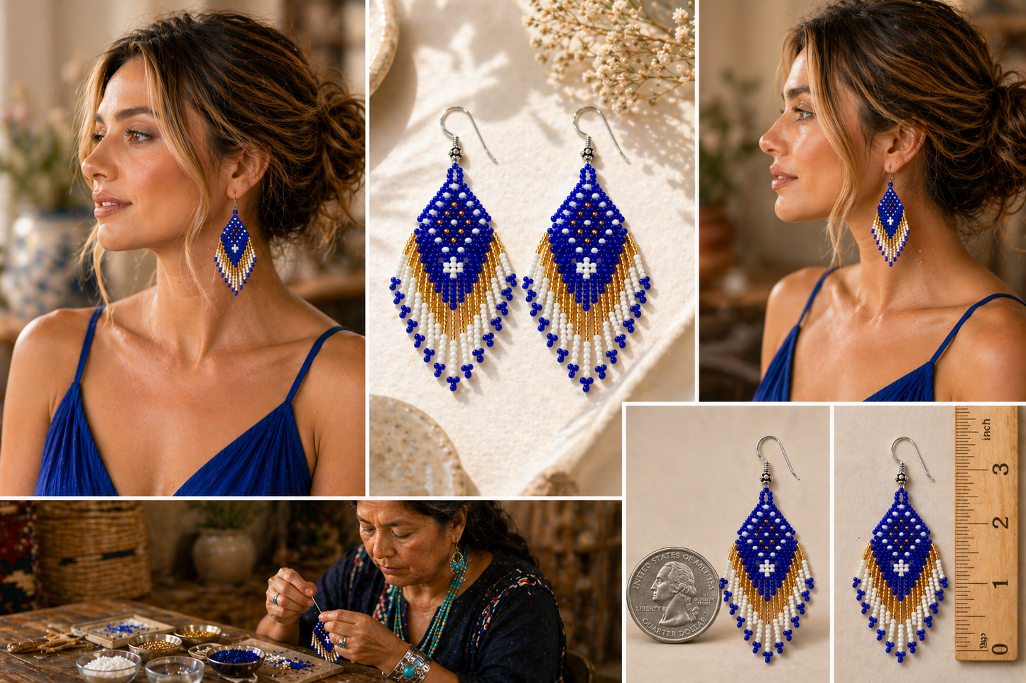 Blue & Gold Beaded Fringe Earrings – 3 Inch Handmade Dangle