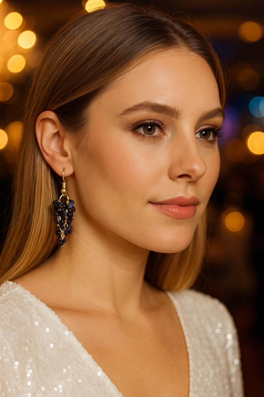 Blue Goldstone Gemstone Dangle Earrings – Handmade with Gold Accents