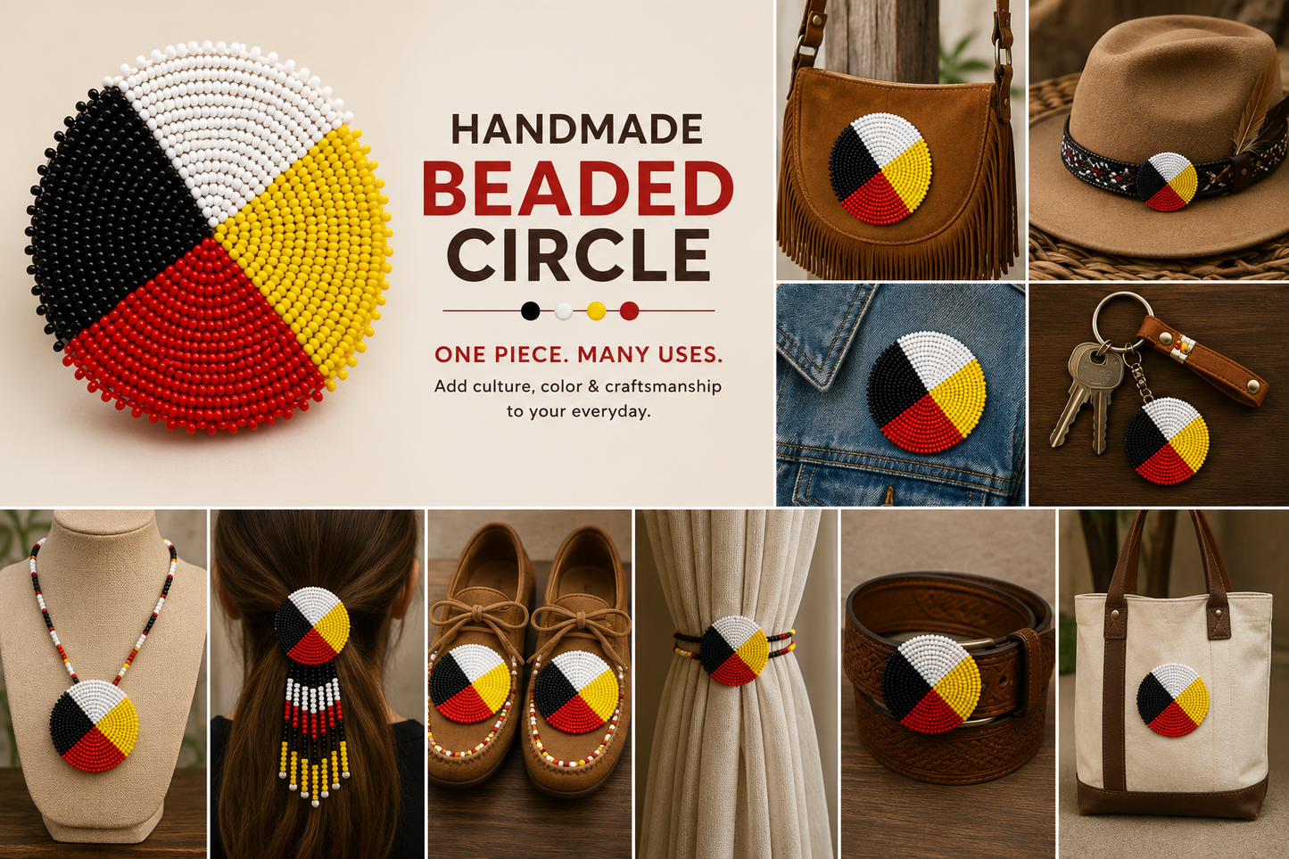 Handmade Four Colors Beaded Rosette – 2.5 Inch Traditional Seed Bead Appliqué