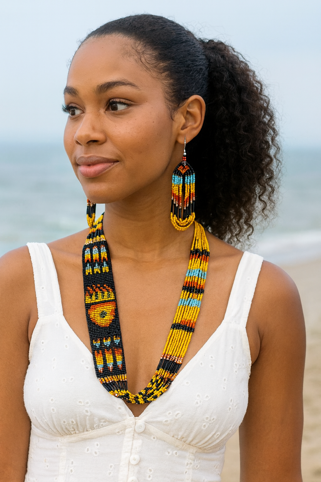 Handmade Black Fire Seed Beaded Bear Paw Necklace Earrings