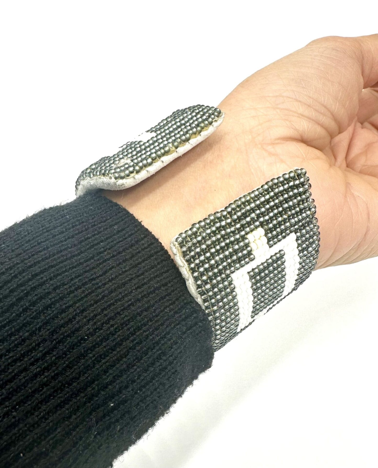 Handcrafted Iris Grey White Seed Beads Hiawatha Beadwork Beaded Cuff Adjustable Bracelet Leather