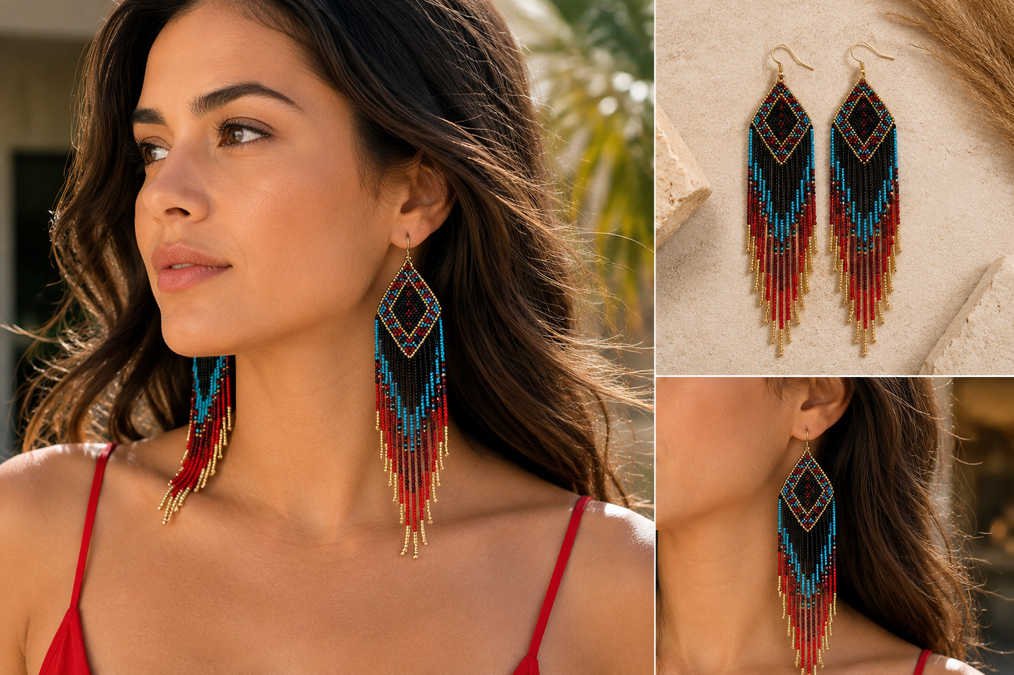 Luxury Handmade Beaded Red Blue Fringe Earrings