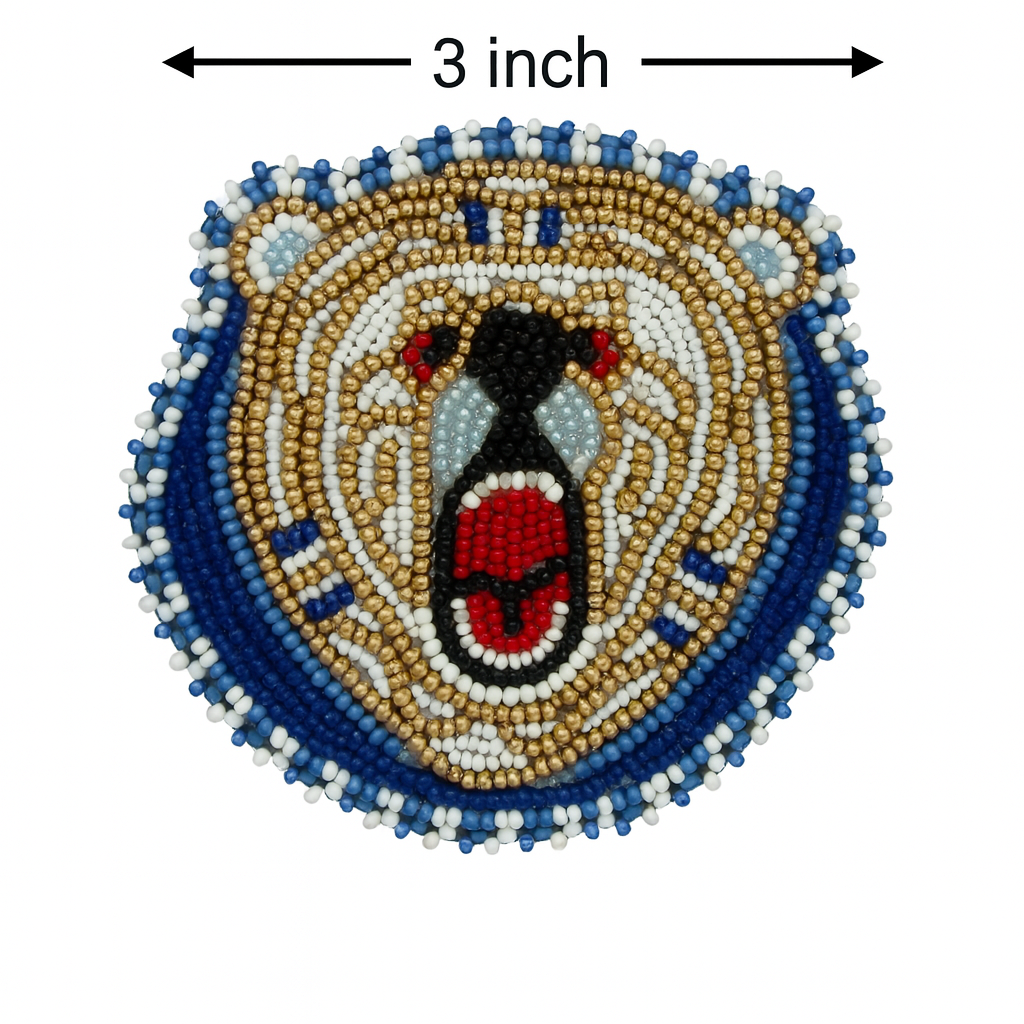 Handmade Roaring Bear Beaded Appliqué – 3” Patch for DIY Crafts, Hats, Jackets & Regalia