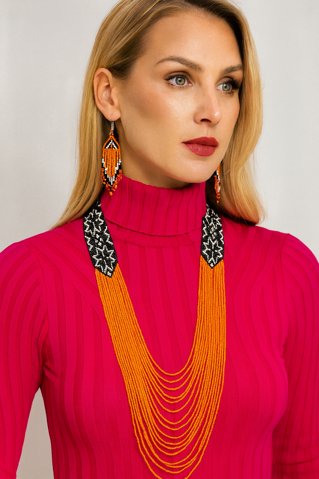 Handmade Orange & Black Beaded layered Necklace and Earring Set