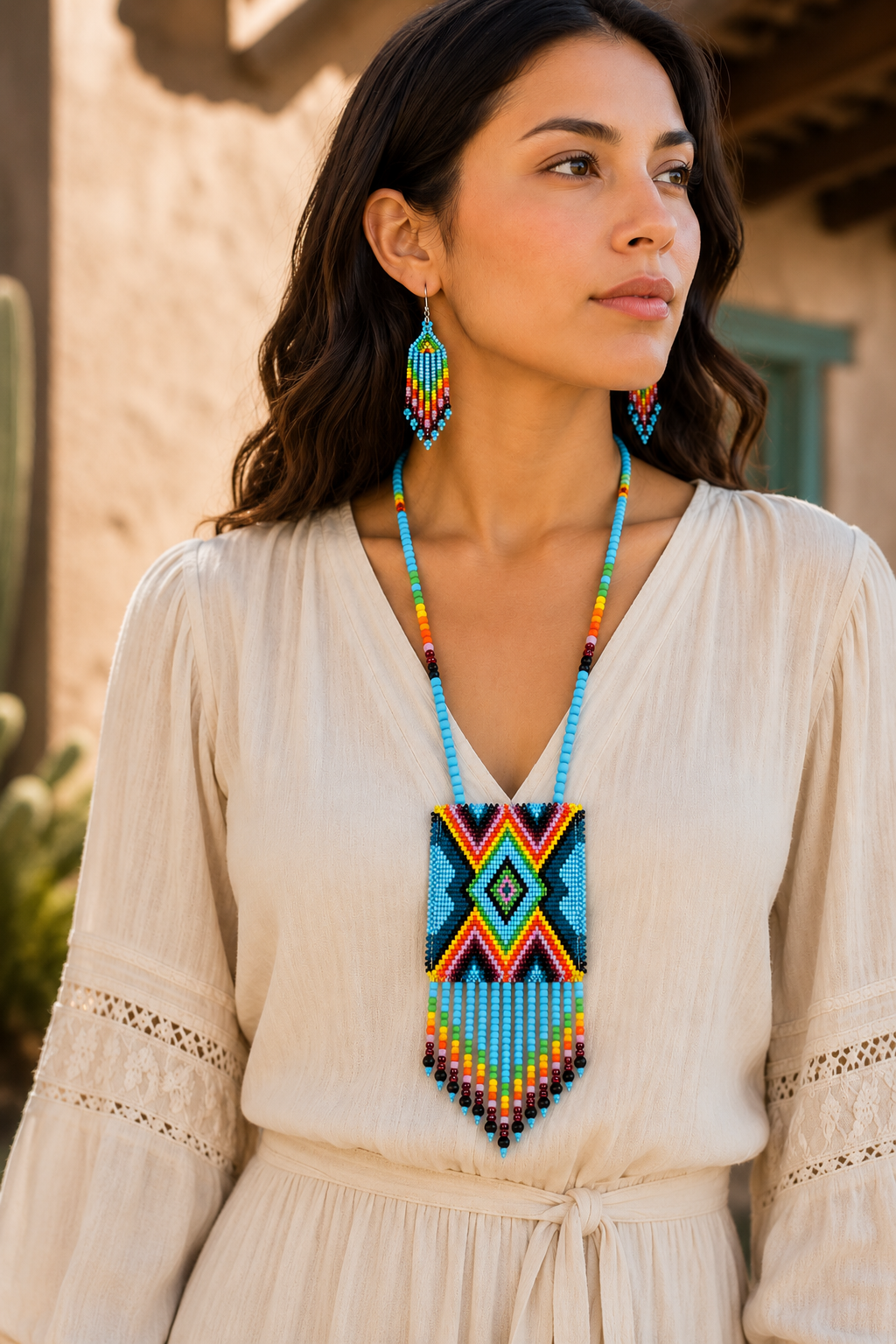 Handmade beaded Cyan Blue Aztec pendant necklace set