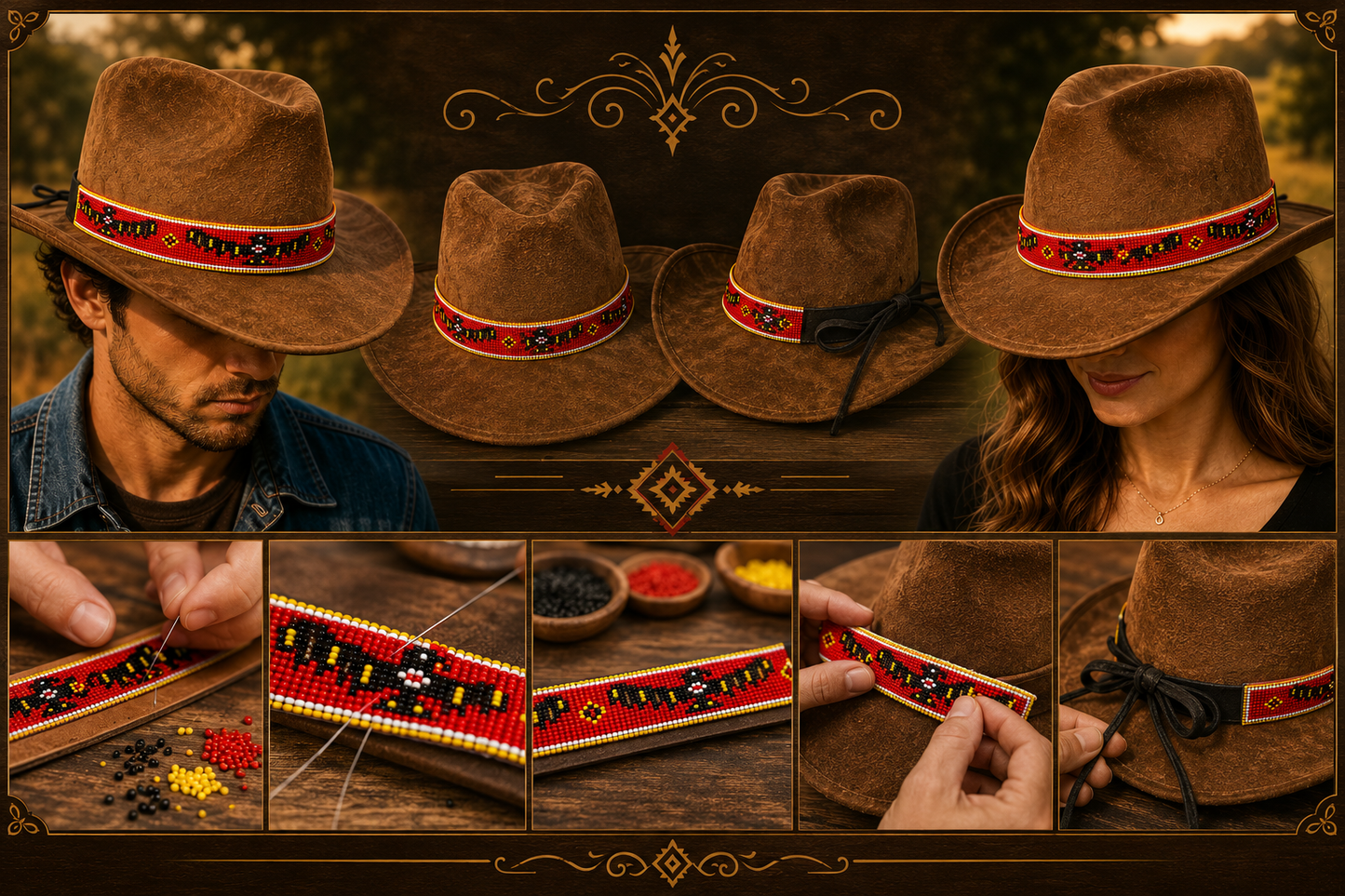 Handmade Beaded Native style Red Black Eagle Cowboy Hatband
