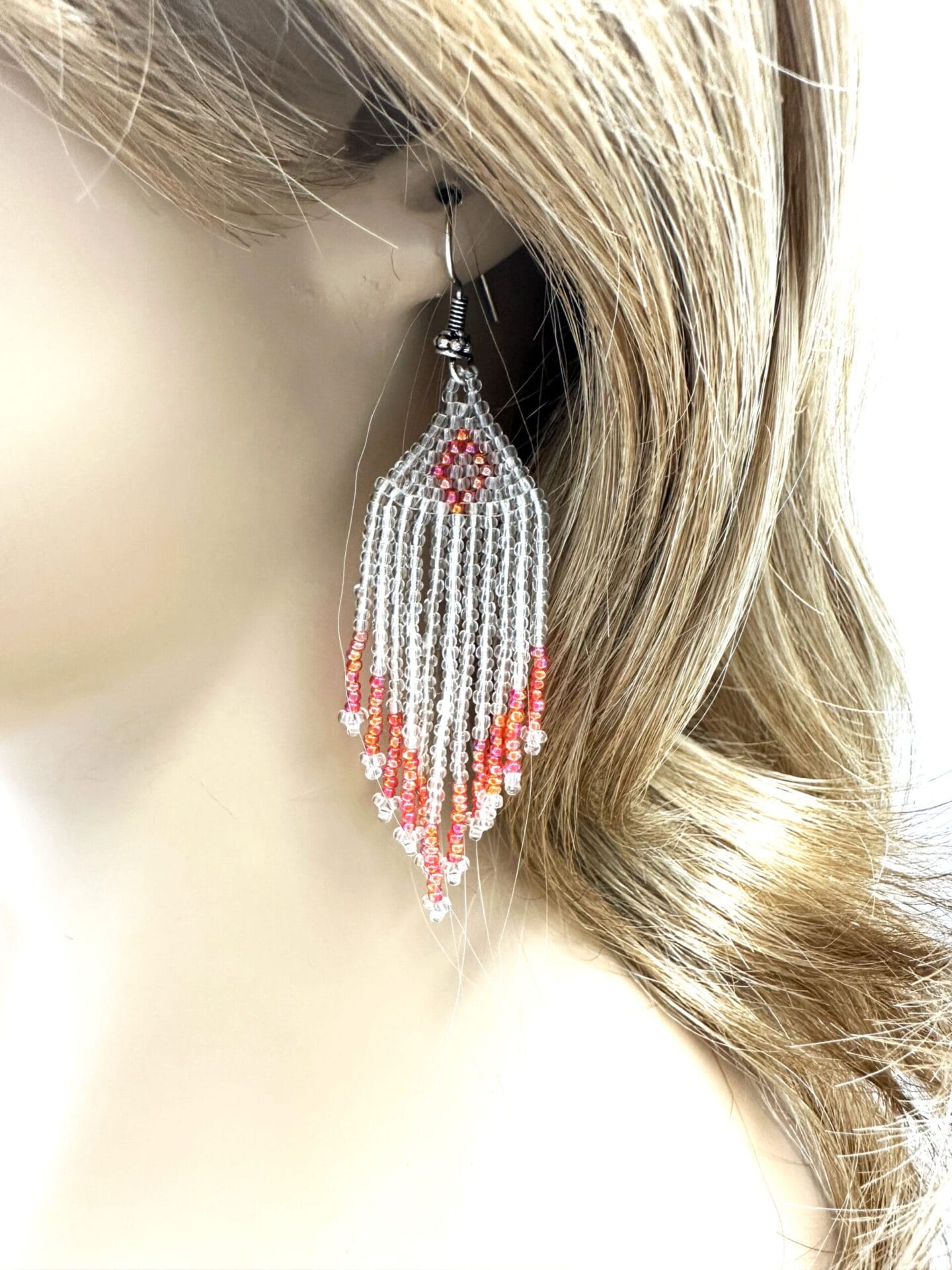 Handmade Beaded Clear Peach Drop/Dangle Earrings - Czech Beads Size 11/0 - 3.5" Length