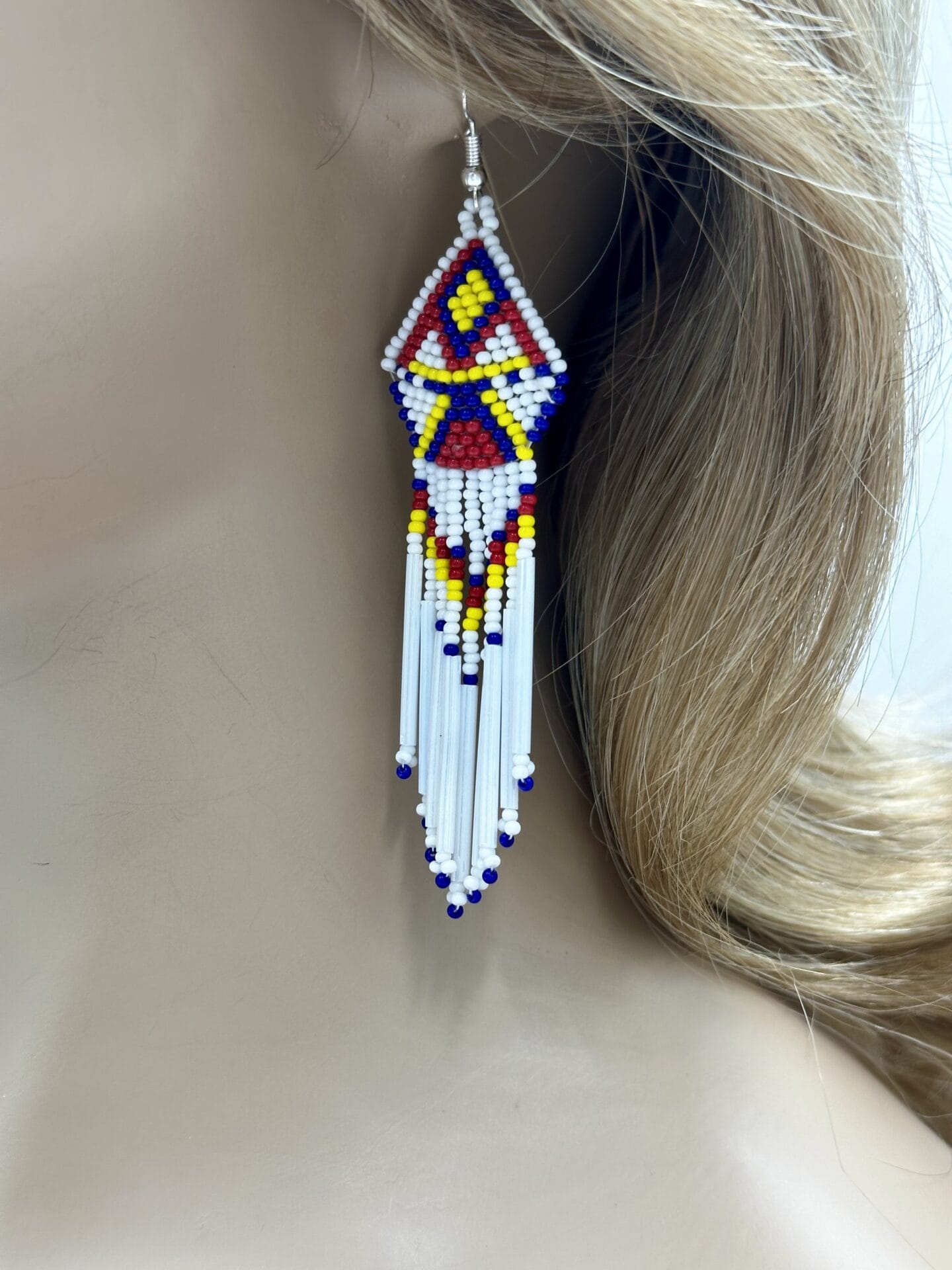 Handmade Beaded Hook Dangle Earrings in White, Red, Blue Colors