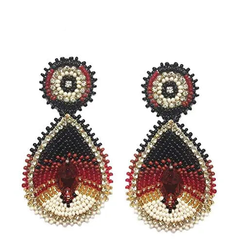 Handmade Beaded Teardrop Shape Post Earrings with Czech Seed Beads - 3 Inches Long, 1.5 Inch Wide - Brown Cream