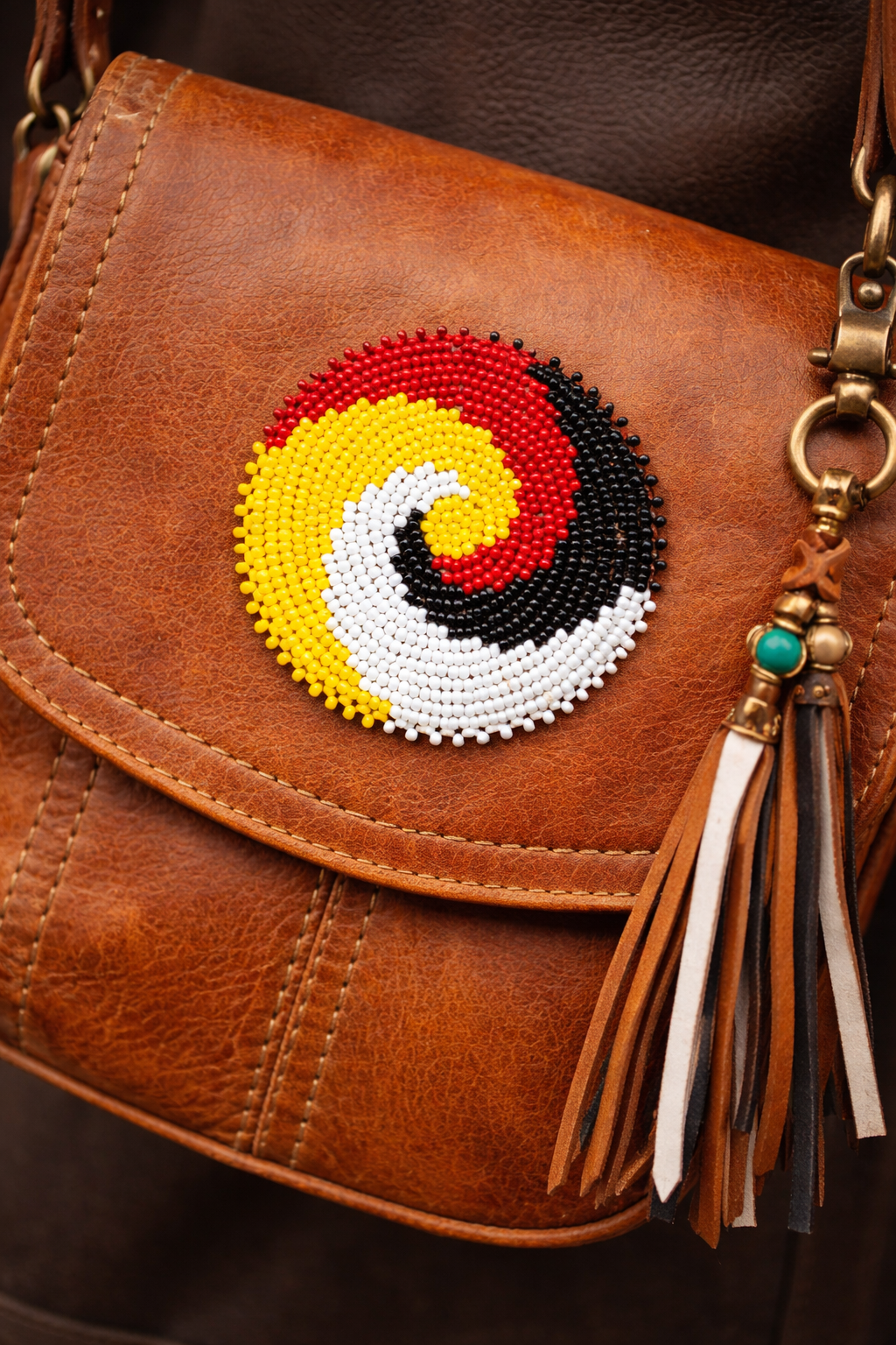 Handcrafted Czech Beaded Rosette – 2.5” Spiral Design in Red, Yellow, Black & White