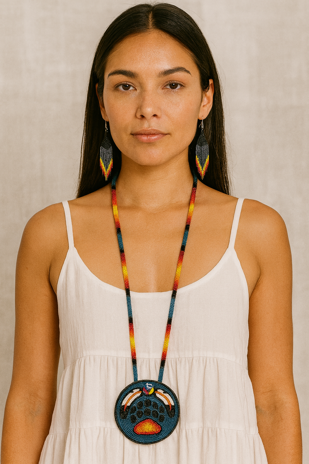 Handmade Beaded Bear Paw Blue Medallion Necklace Set