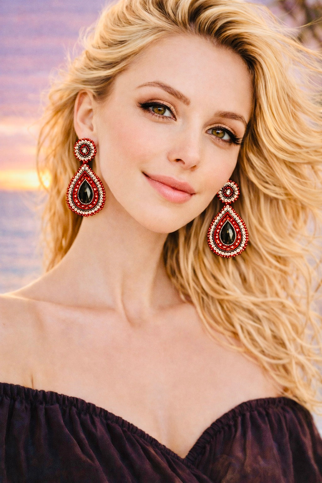 Handmade Beaded Teardrop Shape Post Earrings 3 Inches Long, 1.5 Inch Wide - Red Black