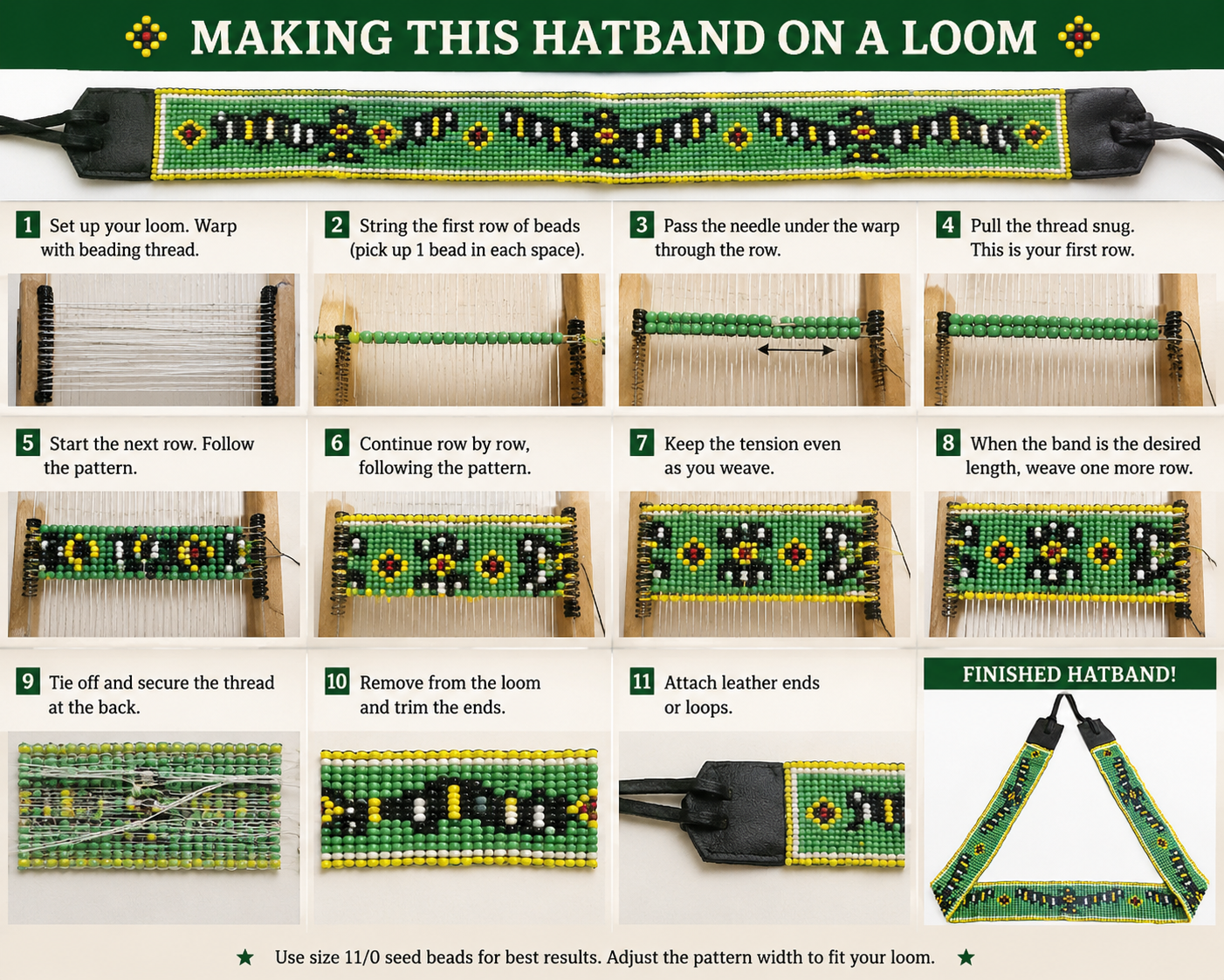 Handmade Czech Seed Bead Adjustable Hat Band – Green Western Hatband with Yellow and Black