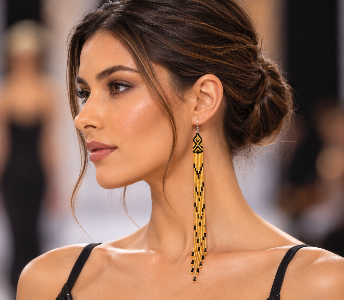 Long Gold & Black Beaded Fringe Earrings – Geometric, 8-Inch Statement Dangles