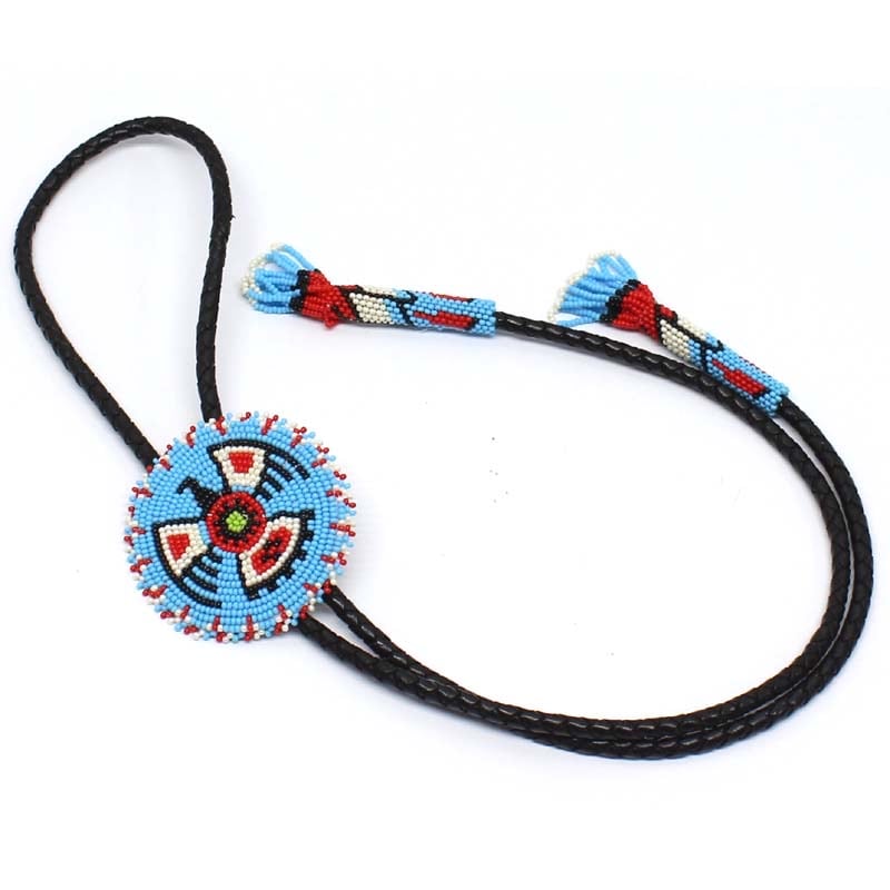 Handmade beaded Cyan Blue Thunderbird leather Bolo Tie