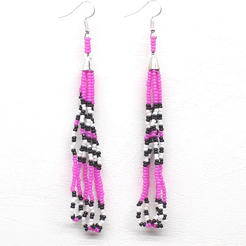 Handmade beaded long Fuchsia hook earrings
