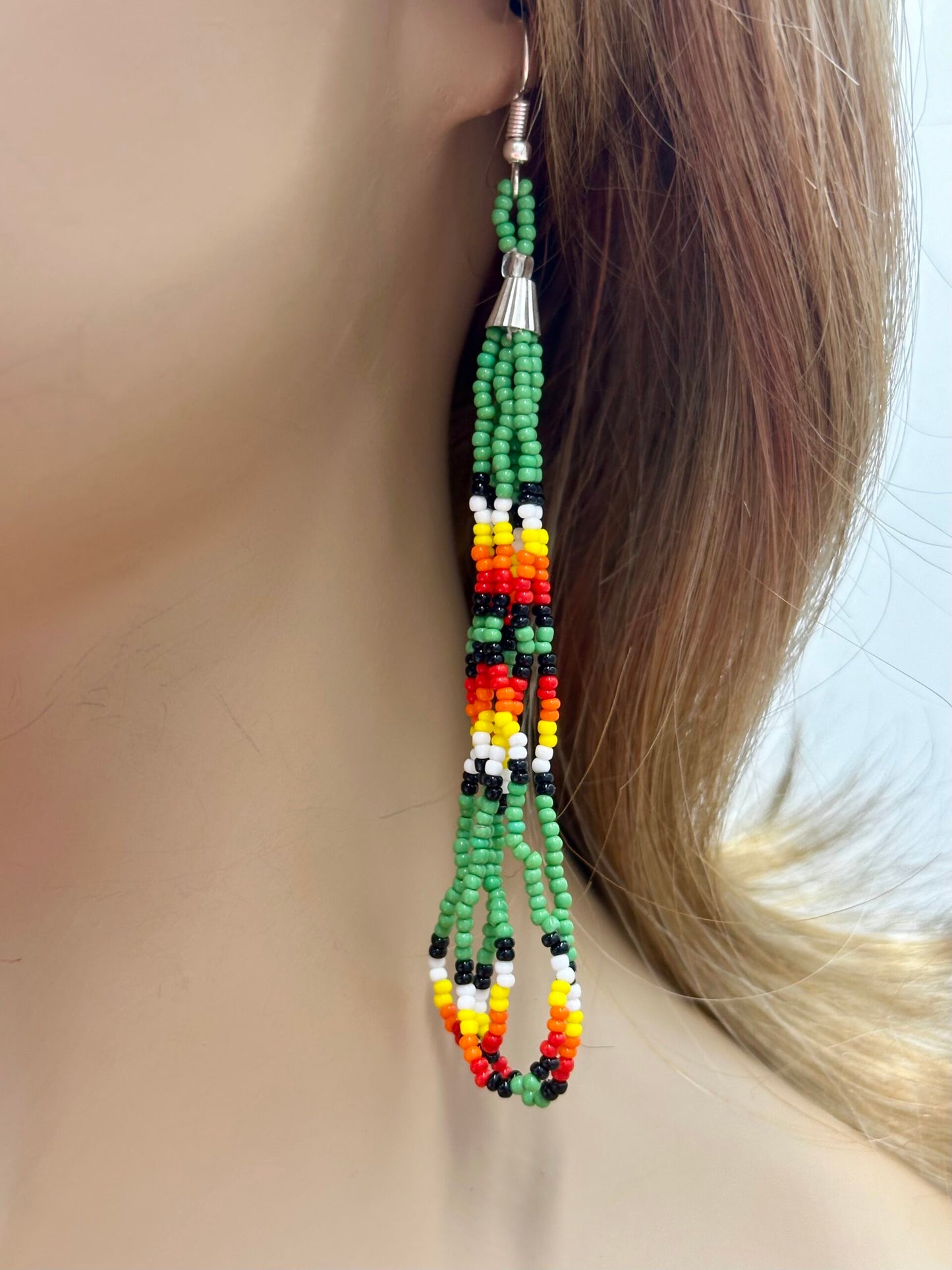 Handmade beaded long Green hook earrings