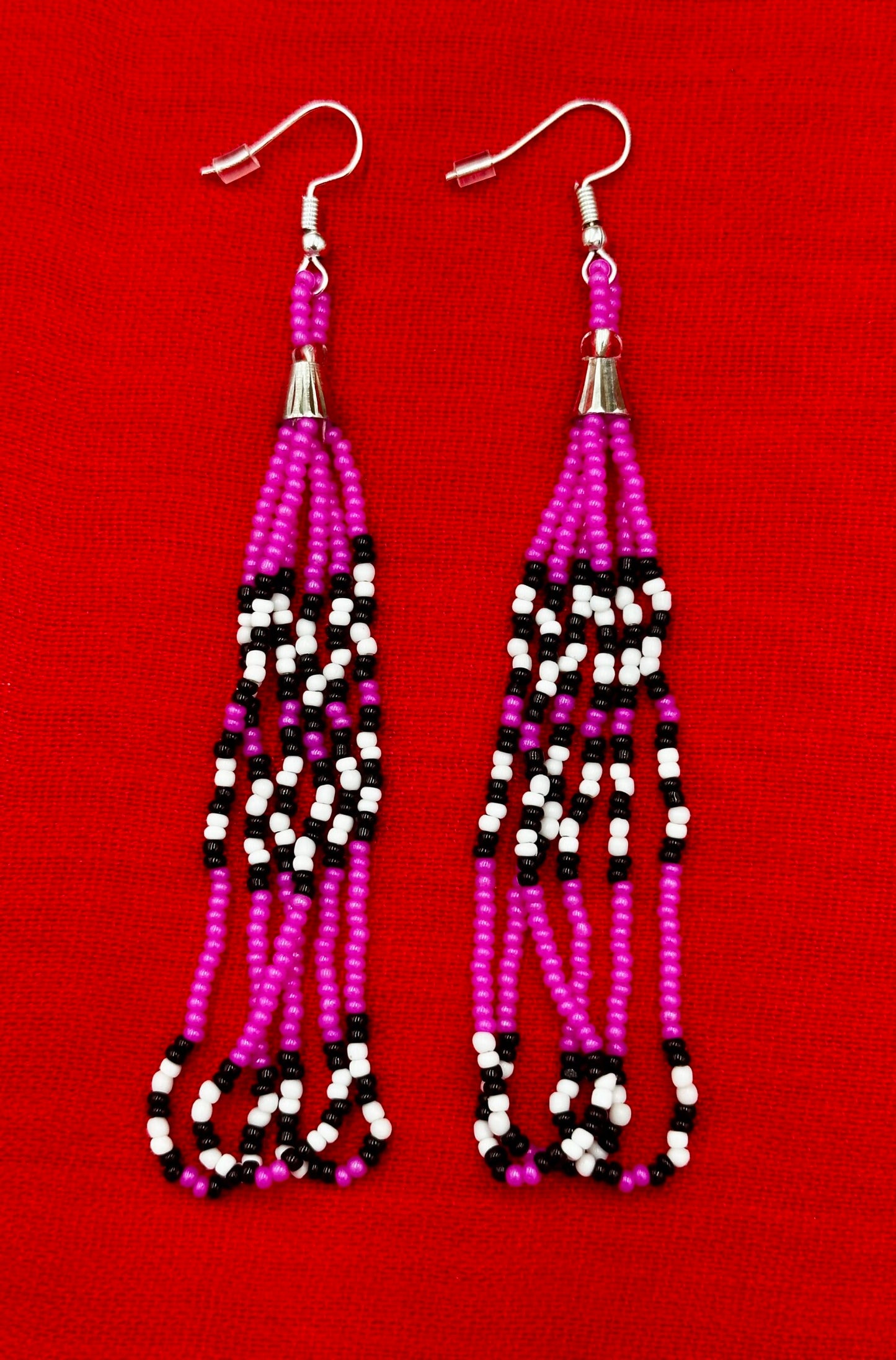 Handmade beaded long Fuchsia hook earrings