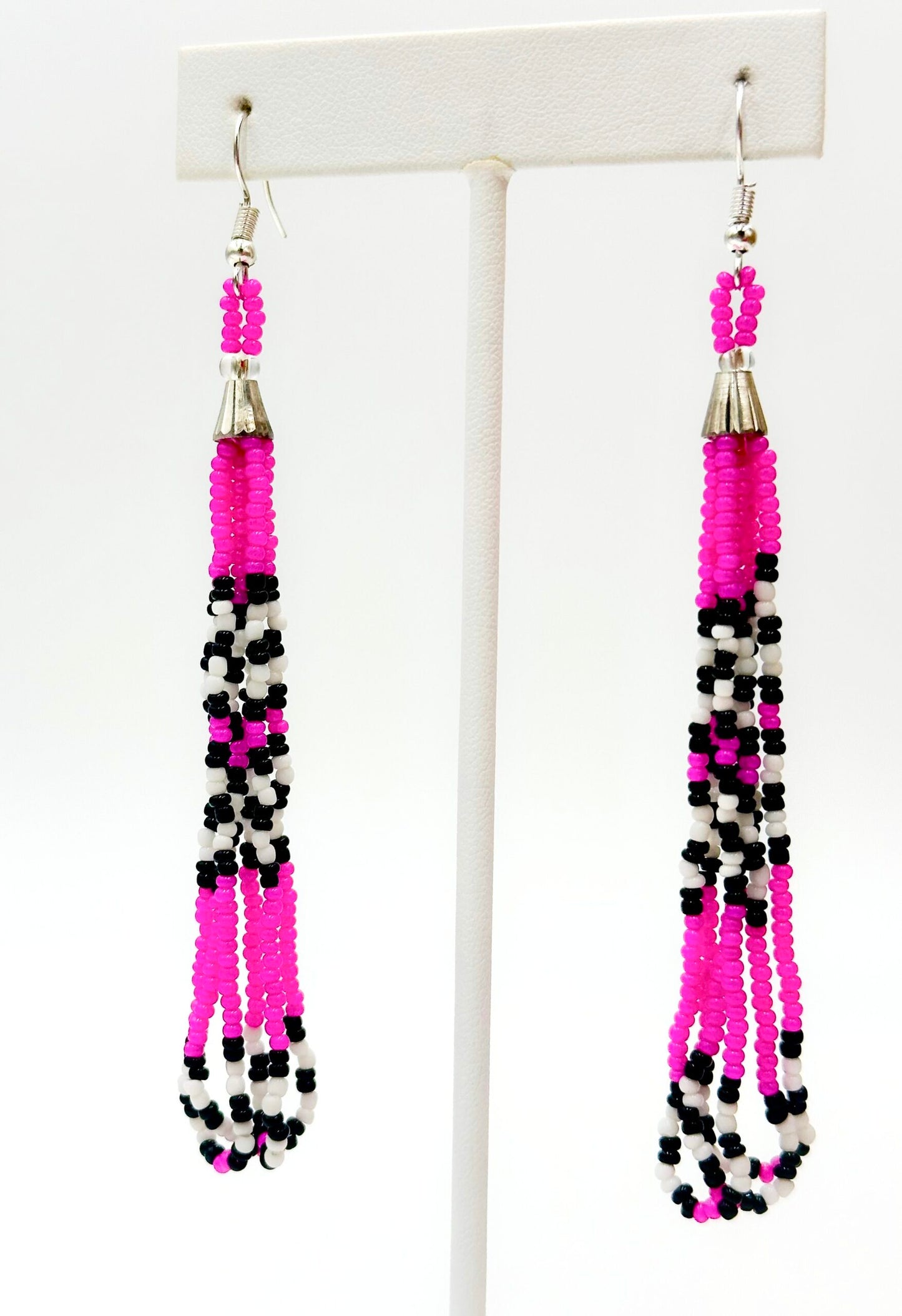 Handmade beaded long Fuchsia hook earrings