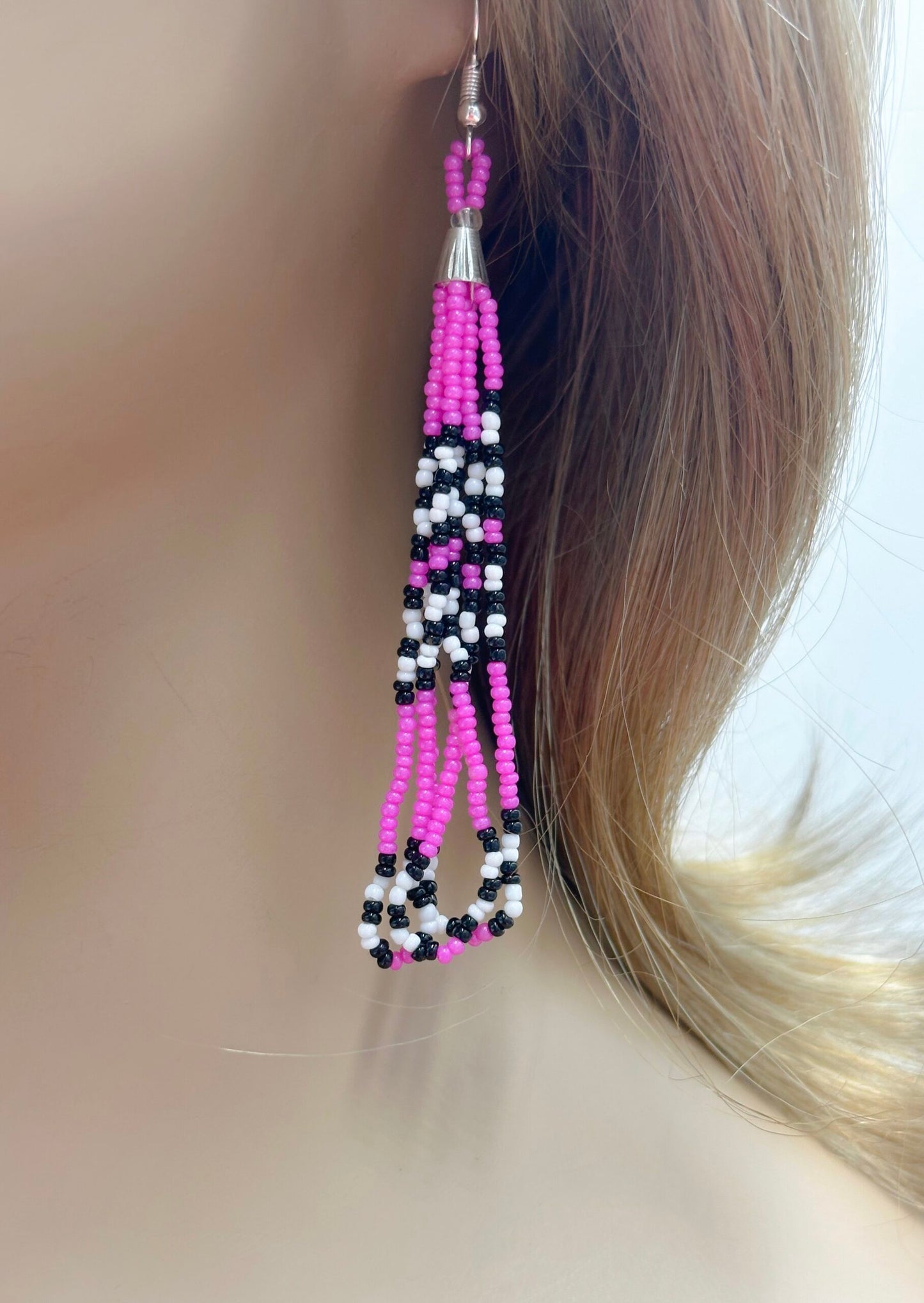 Handmade beaded long Fuchsia hook earrings