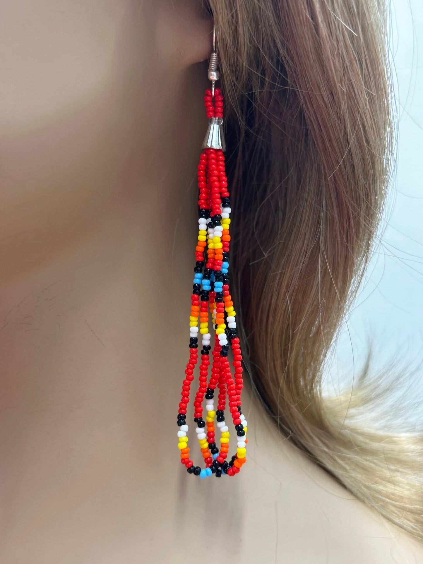 Handmade beaded Red long hook earrings