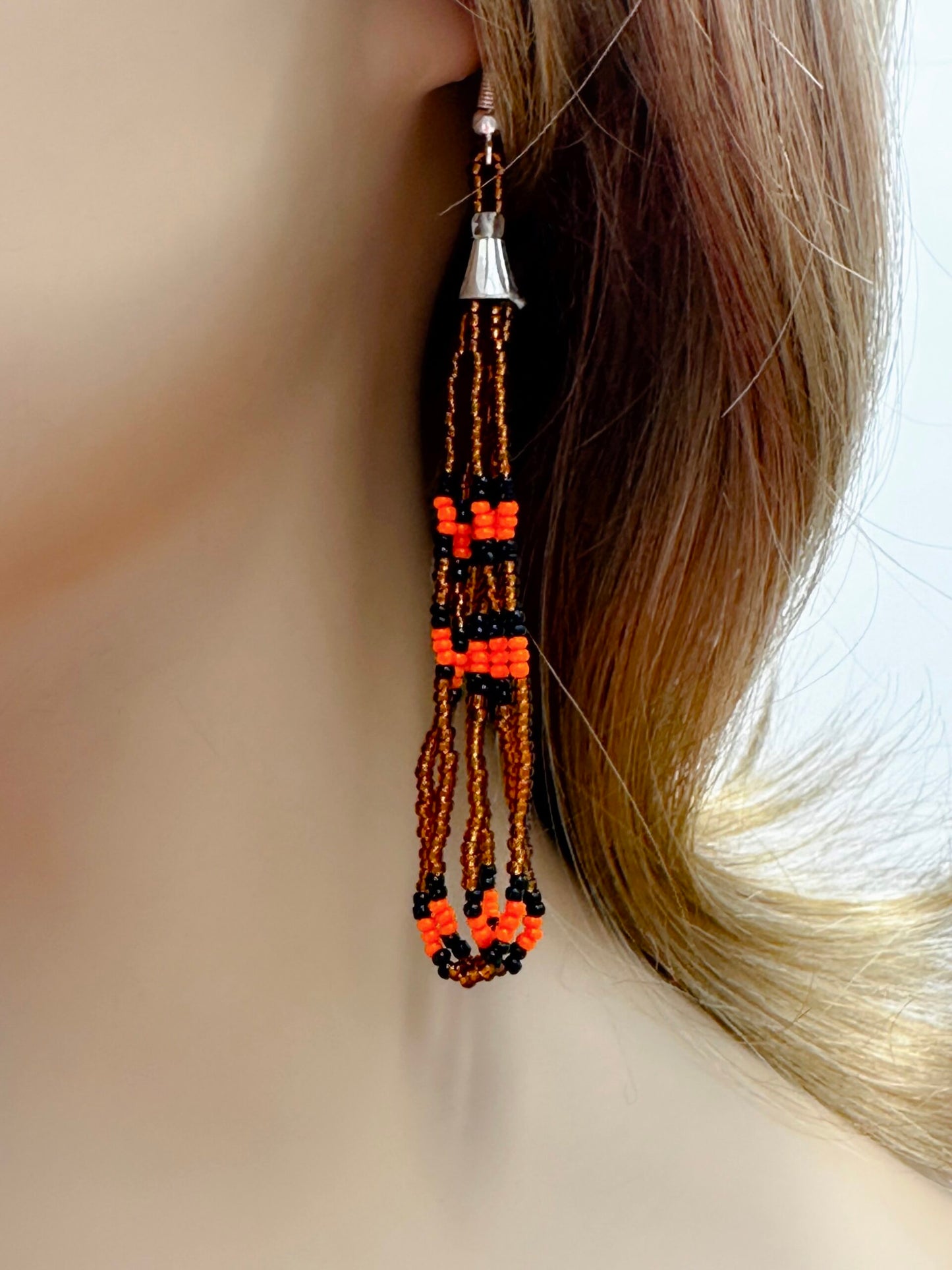 Handmade beaded long Copper Orange hook earrings