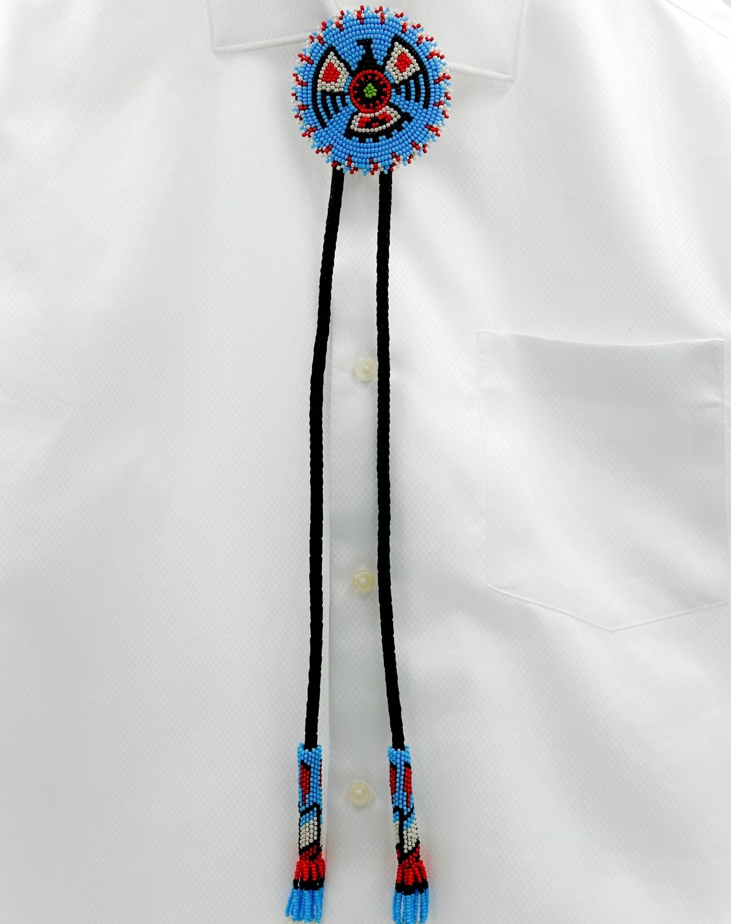 Handmade beaded Cyan Blue Thunderbird leather Bolo Tie