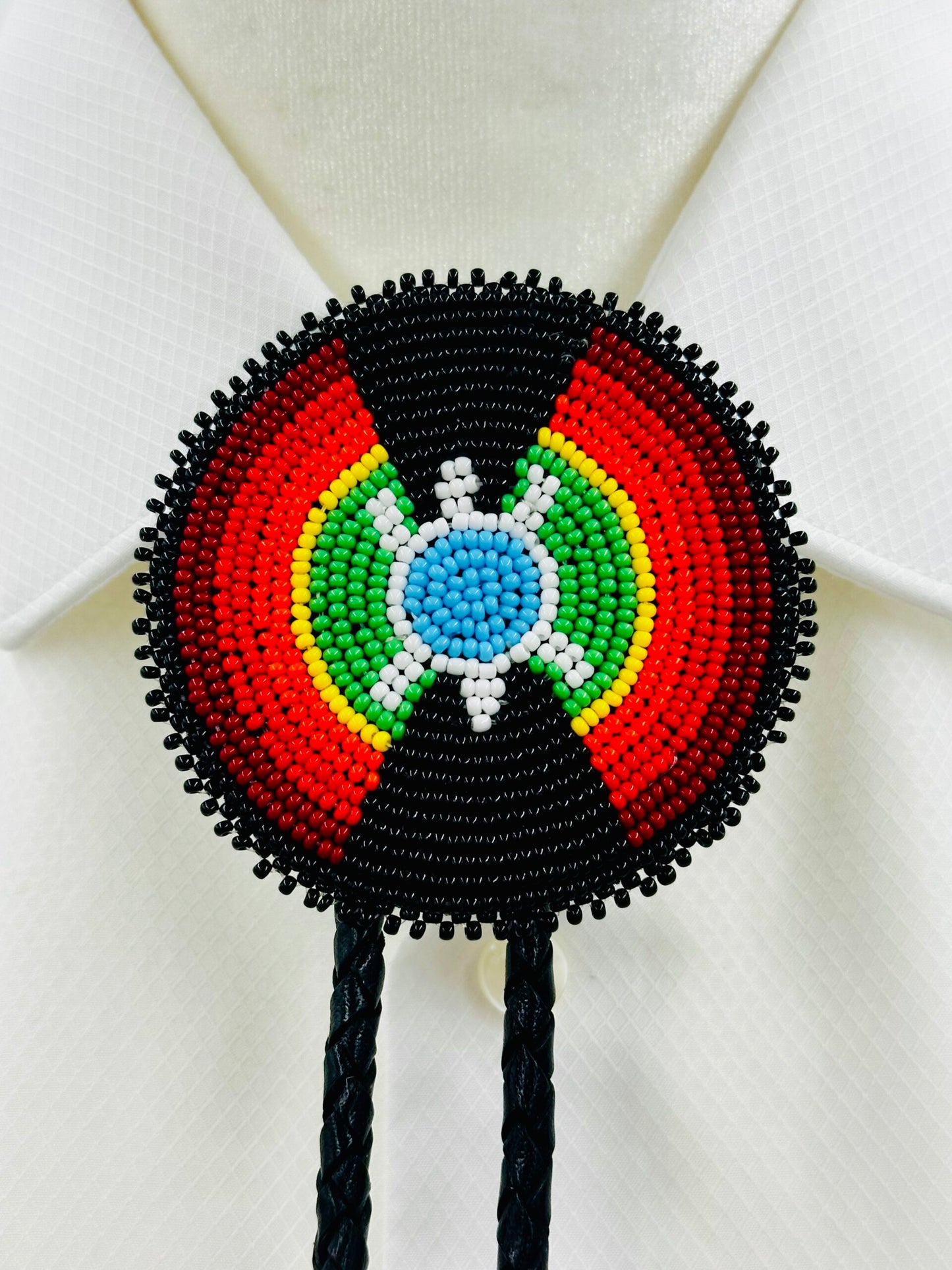 Handmade beaded Black leather Turtle Bolo Tie